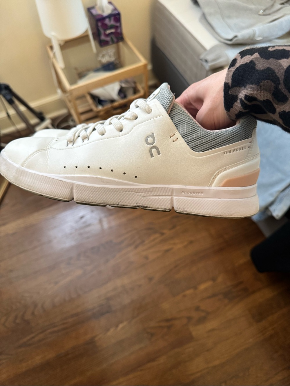 On Running woman’s Sneakers in White with Light Gray and Cream Accents